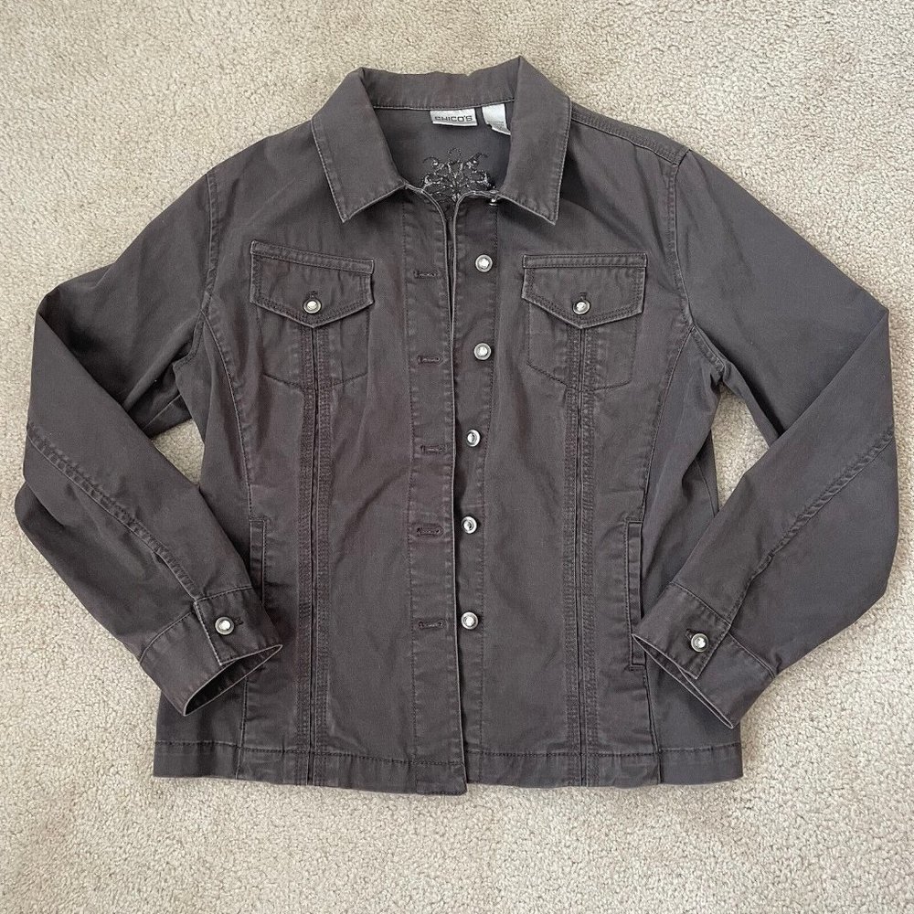 Chico's Jacket Womens Size 1 (Medium) Brown Crystal Buttons Bling Studded Casual